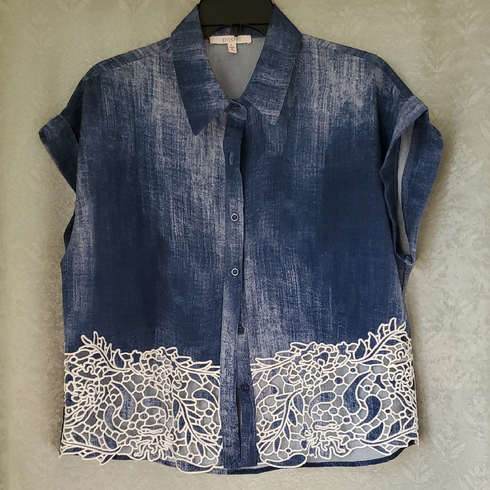 Pastel  Denim Blue Shirt with White Embroidery